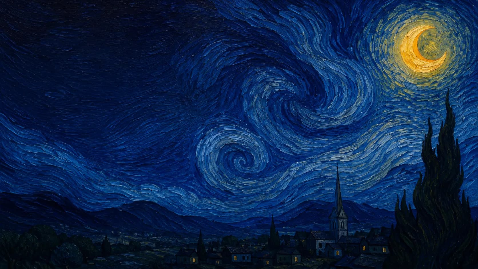 Swirling night sky over a sleeping village painted in thick Van Gogh-inspired impasto brushstrokes, with a single glowing crescent moon in the upper right